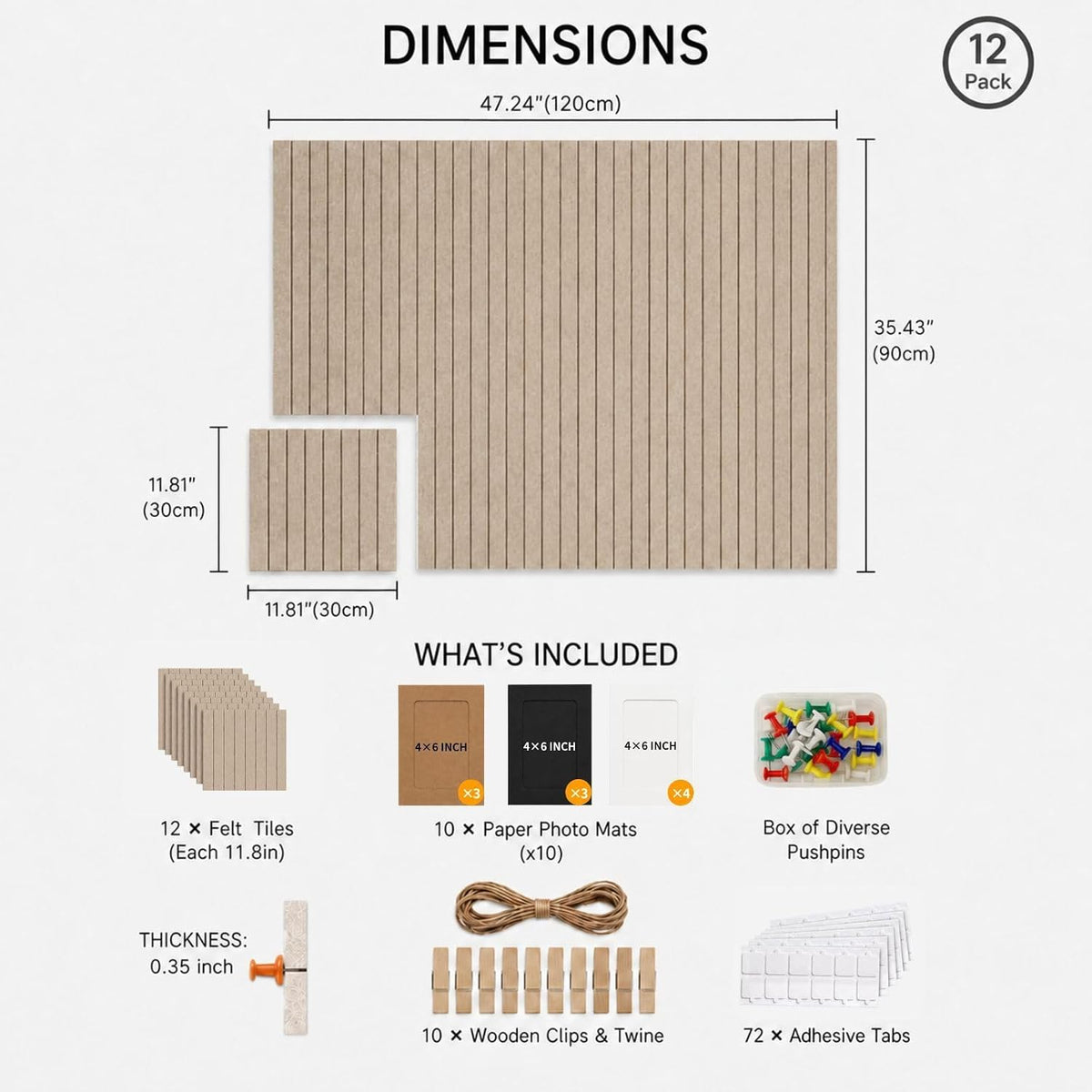48" x 36" Large Felt Bulletin Board Tiles 12 Pack Corkboard Taupe