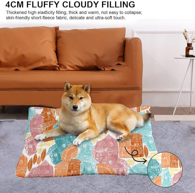 Coloful Village Scene Modern Dog Bed Easy to Clean Dog Mats for Sleeping Pads Large Crate Pads Washable Non-Slip Bed for Small Crate Cute Mat Car Pillows Indoor Outdoor 36X24 Inch