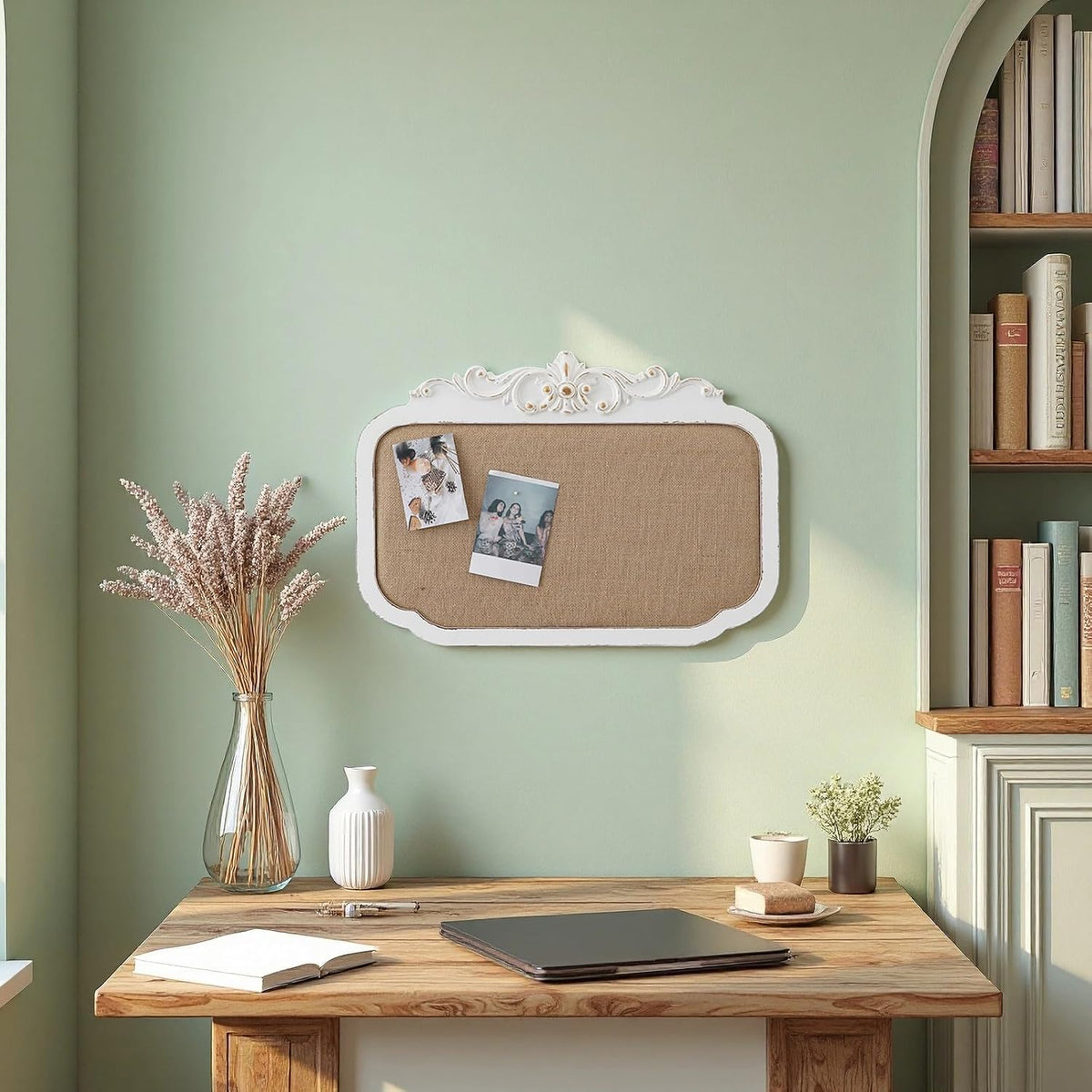 SOFE 17x24 Rustic Fabric Pin Board, Distressed White Frame Bulletin Board