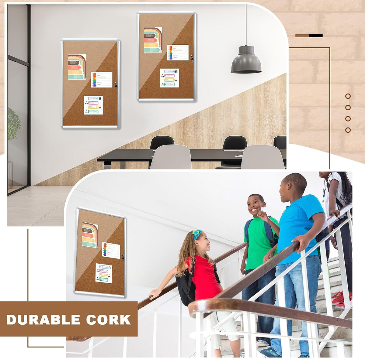 Blulu 2 Set 24 x 36 Inch Enclosed Bulletin Boards Lockable Noticeboard Windproof Outdoor Cork Display Wall Case with Locking Door for School Office Notices(Burlywood)