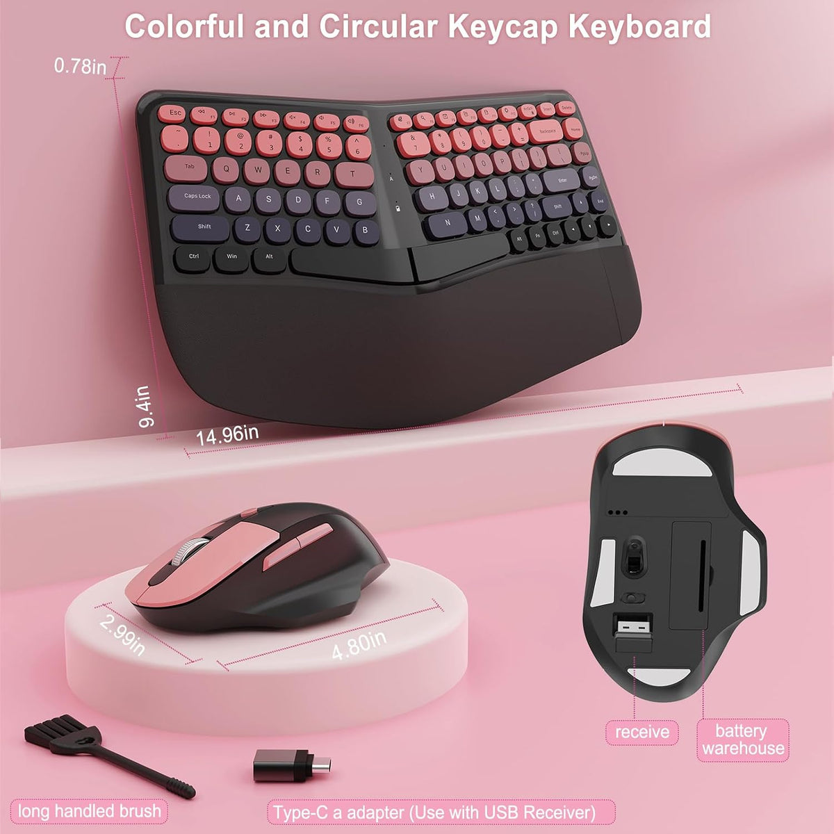 Ergonomic Wireless Keyboard Mouse, Mechanical Gaming Set with Wrist Rest
