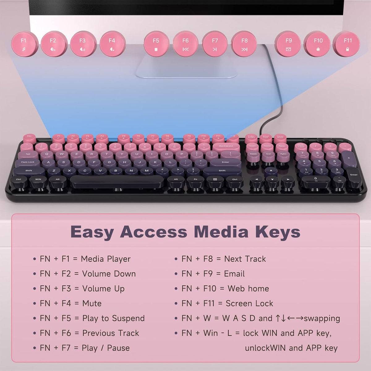 MOFII Computer Keyboards Wired, Plug Play USB Full Size Typewriter Keyboard, Cute Colorful Aesthetic Keyboard with Foldable Stands for Windows PC Laptop (Berry Pink)