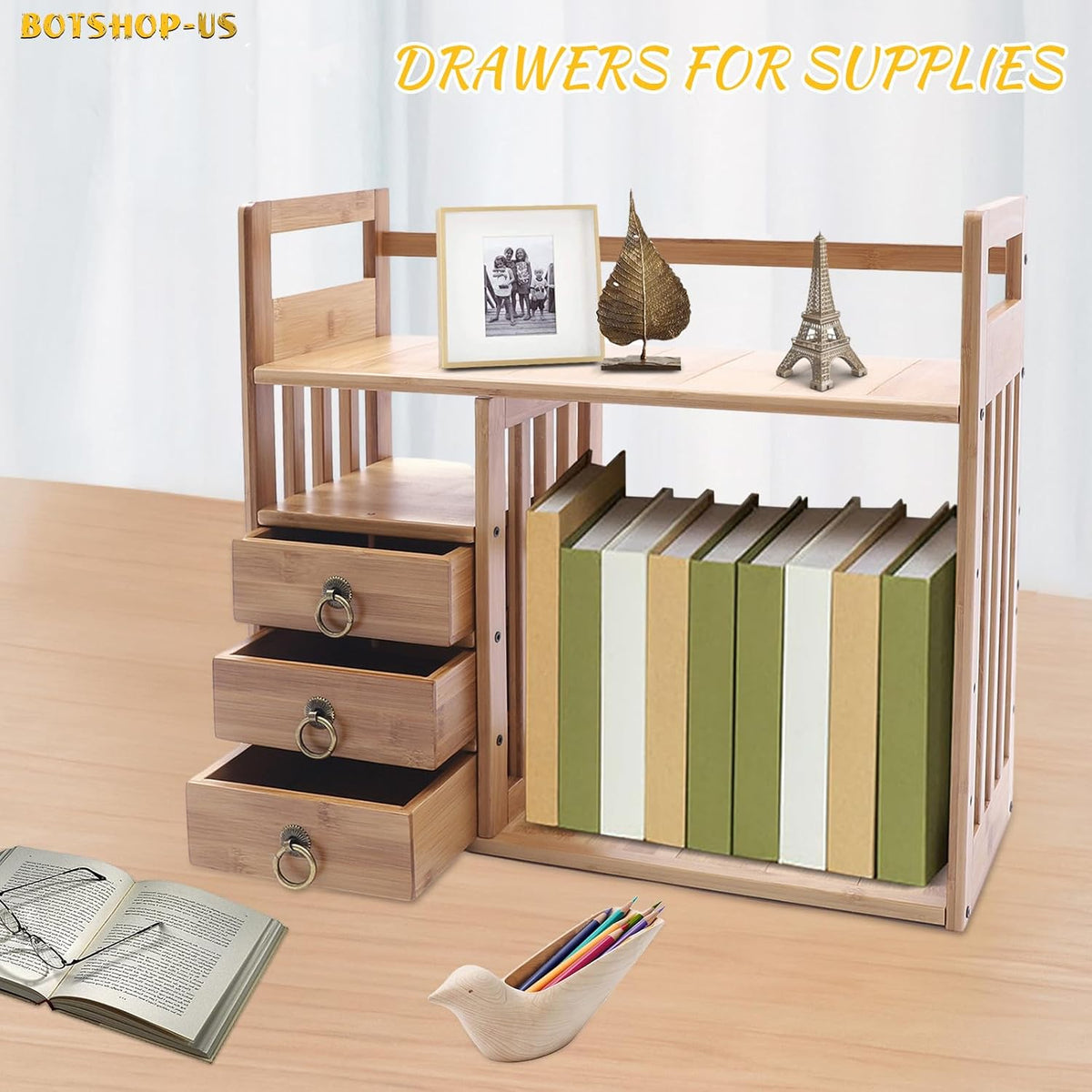 Gdrasuya10 Bamboo Desktop Bookshelf Wood Counter-top Bookcase Office Desk Organizer Book Holder with 3 Drawers Double Layer Makeup Storage Display Shelf Rack for Office Supplies (Natural Color)
