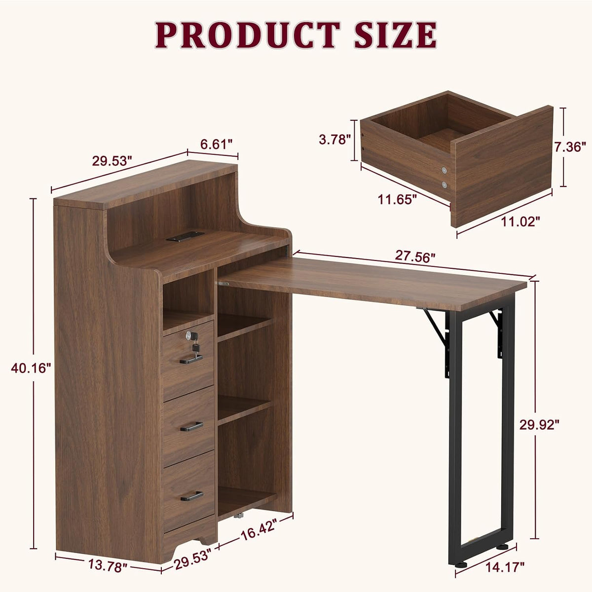 Foldable Nail Desk for Nail Tech, Portable Manicure Table, L Shape Nail Table with Power Outlets & Lockable Drawer & Shelves, Professional Nail Tech Workstation for Home Salon (Walnut)