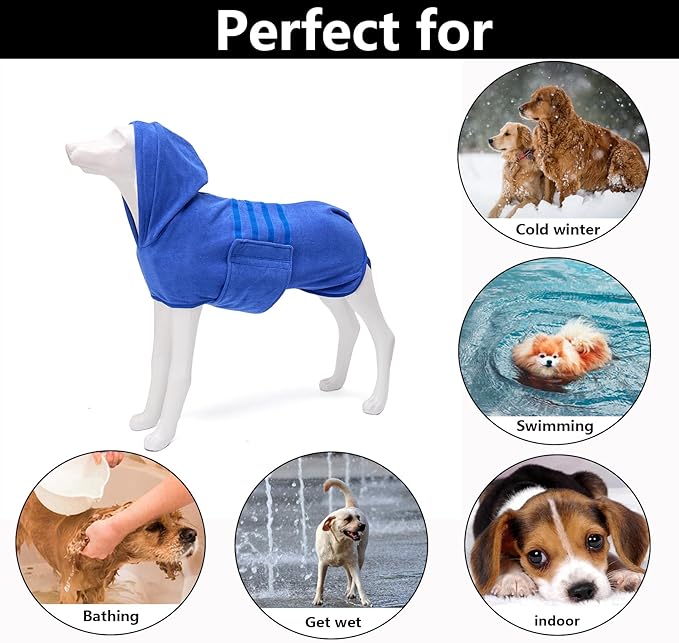 Geyecete Dog Drying Coats with Hood - Absorbent Robe Towel - Microfibre Fast Drying - Blue - XXL