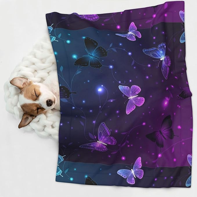 Reversible Dog Blanket for Beds Couches, Background with Night Butterflies, Double Sided Cat Blanket with Textured Dot Feel and Smooth Feel for Seasonal Comfort All Year