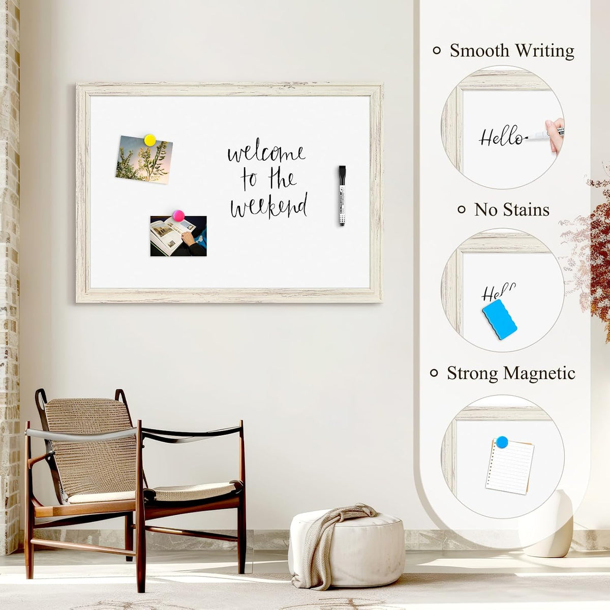4 THOUGHT Dry Erase Board, 36" x 24" Magnetic Whiteboard, Vintage White