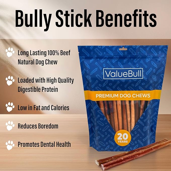 ValueBull Bully Sticks for Small Dogs, Thin 12 Inch, 50 Count - All Natural, Grass Fed, Single Ingredient, Long Lasting Dog Treats
