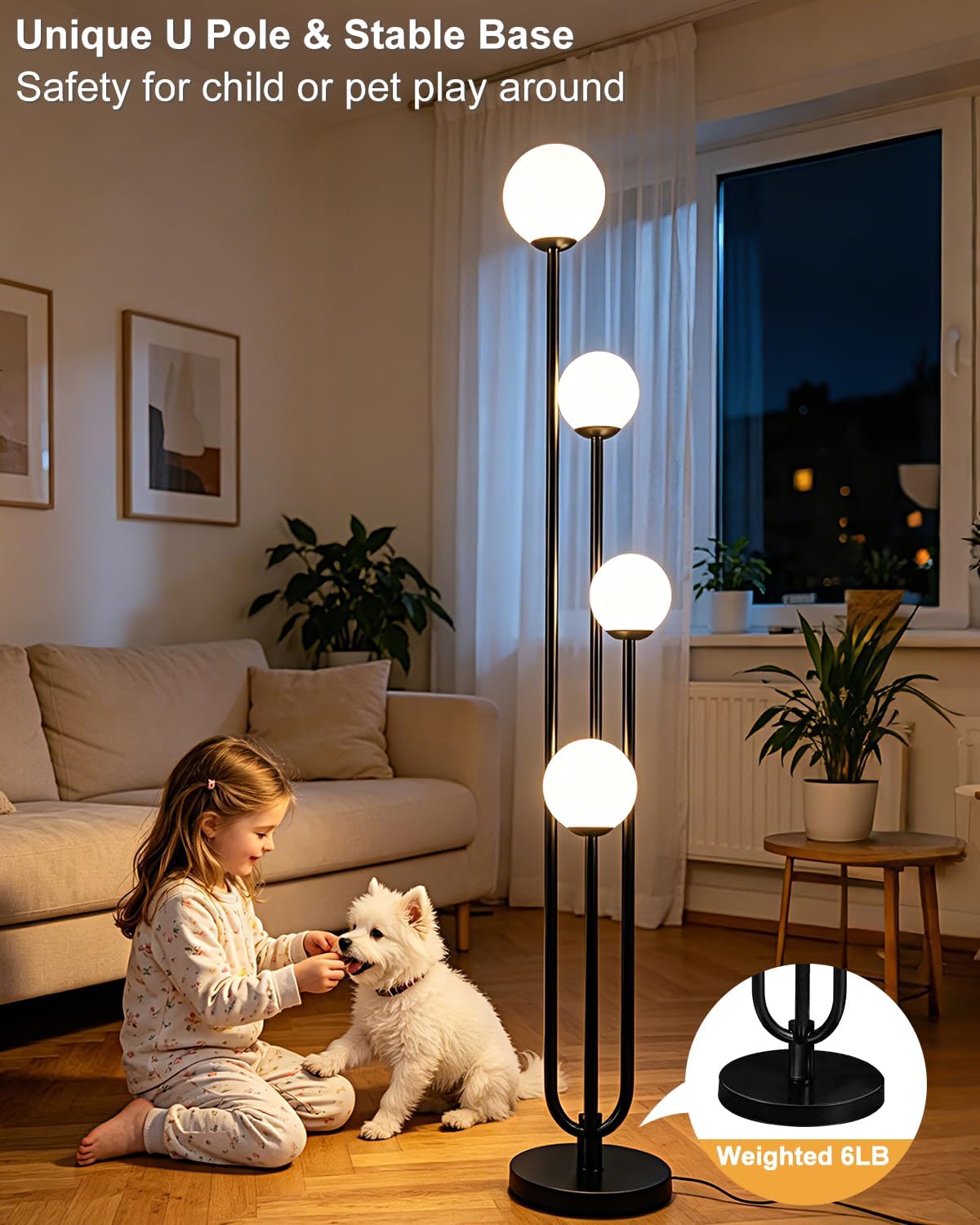 63IN 4-Light Globe Floor Lamp, Unique Black Tall Standing Lamps with 3000K Bulbs for Reading, Mid Century Modern Floor Lamp with 5Lbs Heavy Base for Living Room Bedroom Office
