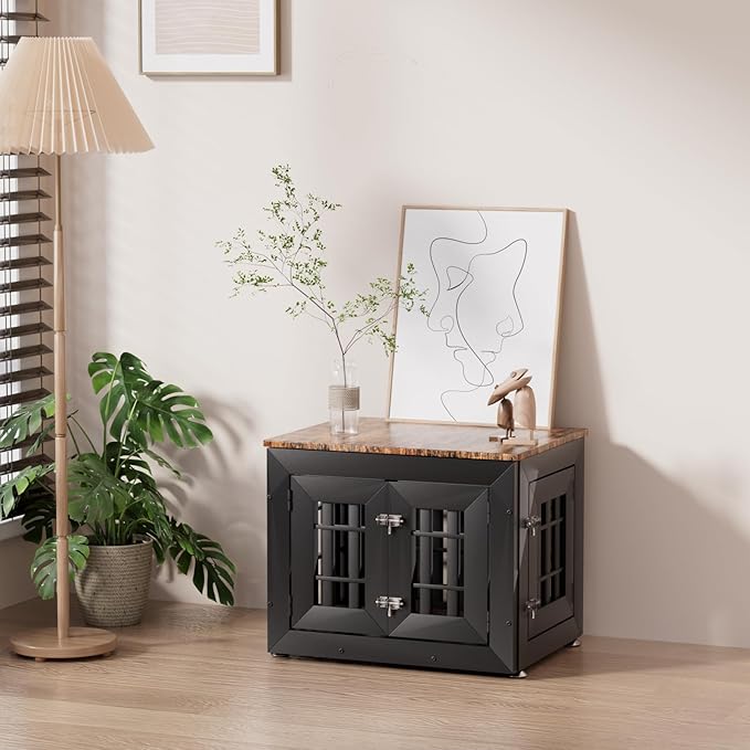 26" Heavy Duty Dog Crate Furniture for Small,Medium and Large Dogs,Rustic Wooden Dog Cage Kennel Indoor Furniture with Waterproof Top,Decorative Pet House Side End Table (Black & Wood)