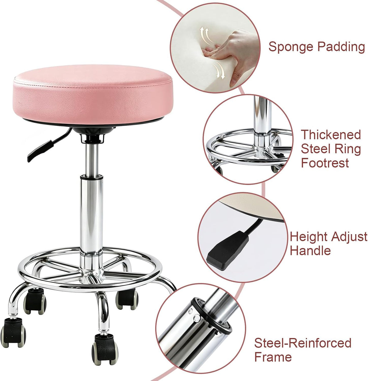 500lbs Heavy-Duty Adjustable Rolling Stool with Wheels & Foot pedal ring
