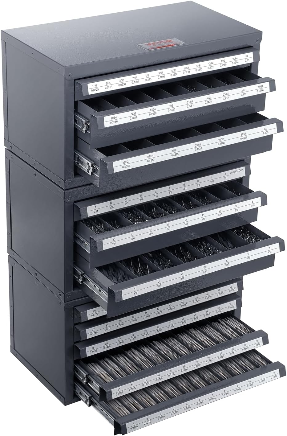 VEVOR Drill Bit Dispenser Cabinet Set, Three-Drawer for 1/16" to 1/2" & Letter Sizes A to Z, Five-Drawer Organizer for Wire Gauge #1 to #60, 3 Pieces