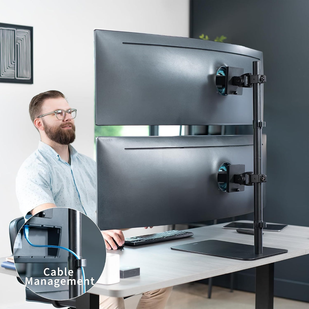 VIVO Freestanding Dual Vertically Stacked Ultra-Wide Monitor Desk Stand, Extra Tall Heavy Duty Adjustable Mount for 2 Ultrawide Screens up to 49 inches, 44 lbs Per Screen Capacity, Black, STAND-V202L