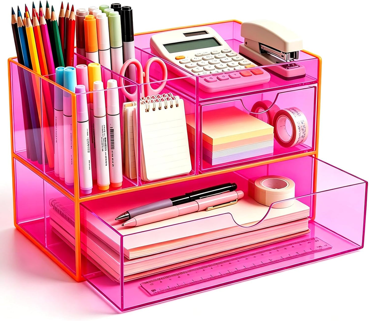 Desk Organizer with Drawers Acrylic Desktop Organizer Pen Holder Caddy for Office Supplies Makeup Organizer for Vanity, Neon Pink