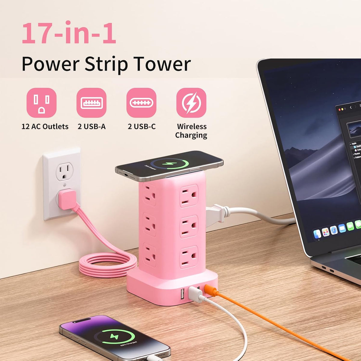 Extension Cord with Multiple Outlets, SMALLRT Outlet Extender with 12 AC Outlets 4 USB, 6.5FT Power Strip Tower for Home Office Supplies, Pink