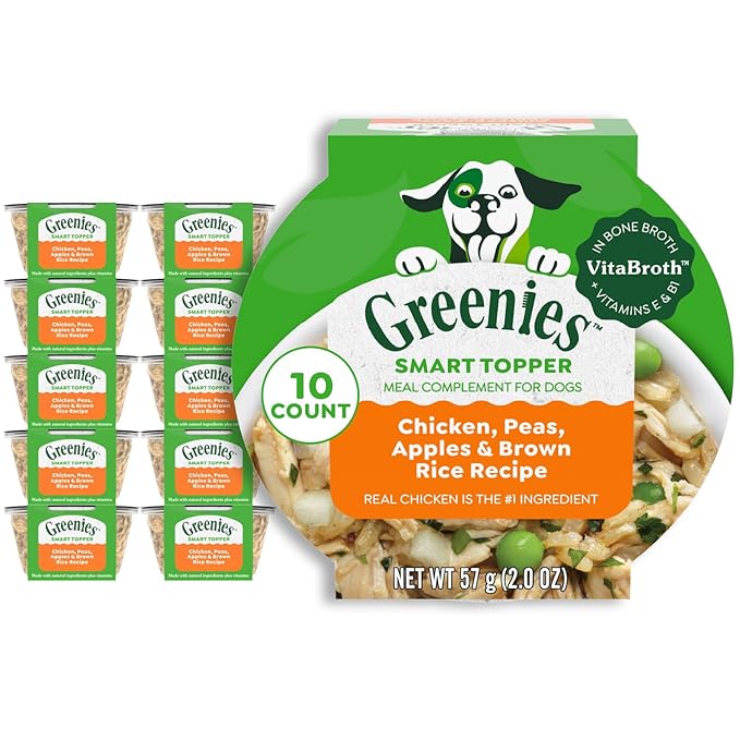 Greenies Smart Topper High Protein Wet Mix-in for Dogs, Chicken, Peas, Apples & Brown Rice Recipe in Vitabroth Broth - Bone Broth + Vitamins E & B1, 10 Count