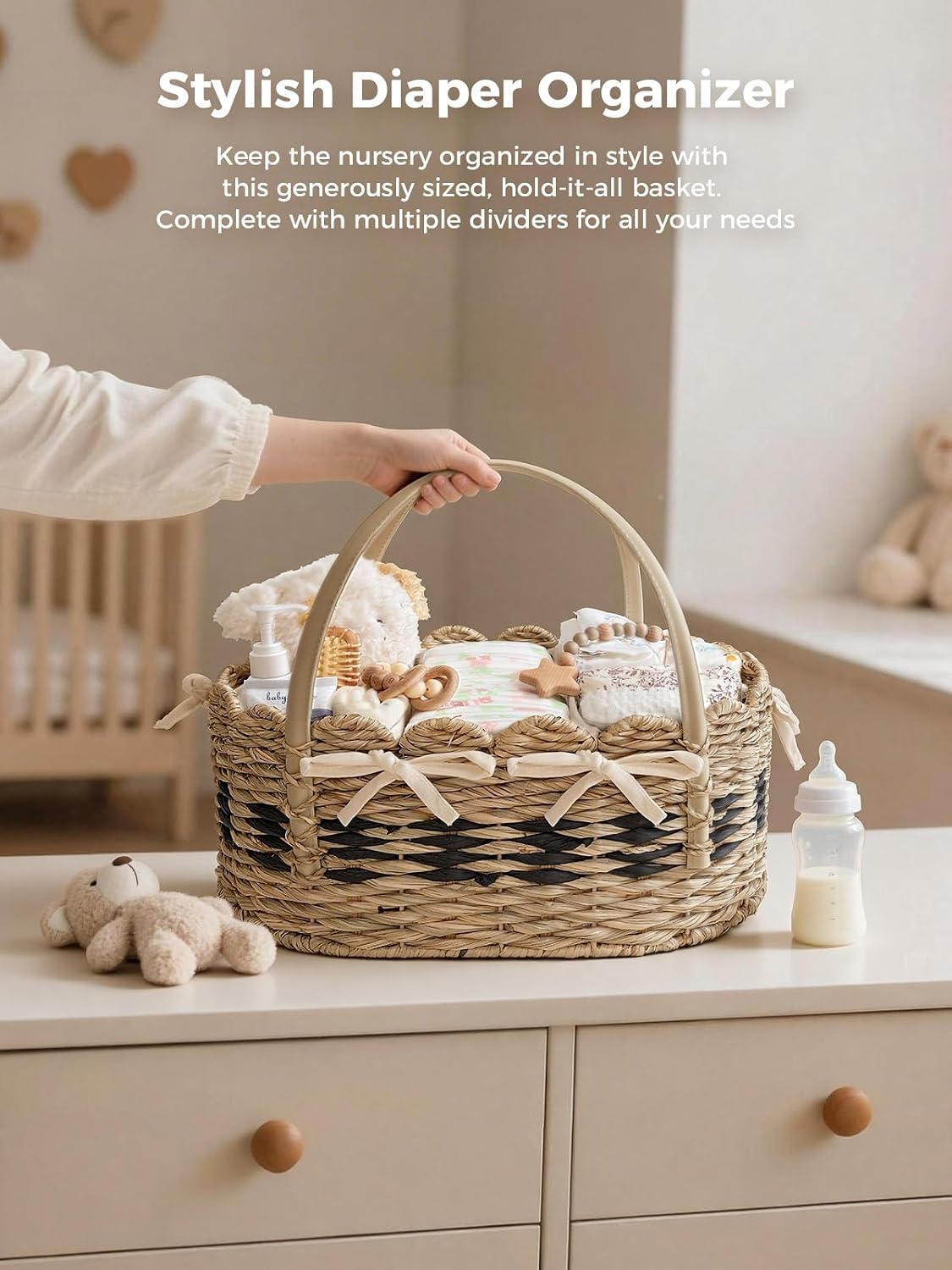 Large Diaper Caddy Organizer, Handwoven Natural Seagrass Basket with 5 Compartments, Scalloped Wicker Changing Table Organizer (Natural, XXL)