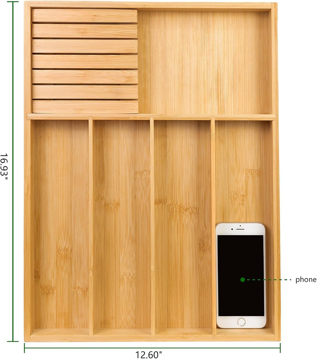 VaeFae Bamboo Silverware Drawer Organizer, 5 Slots, Natural