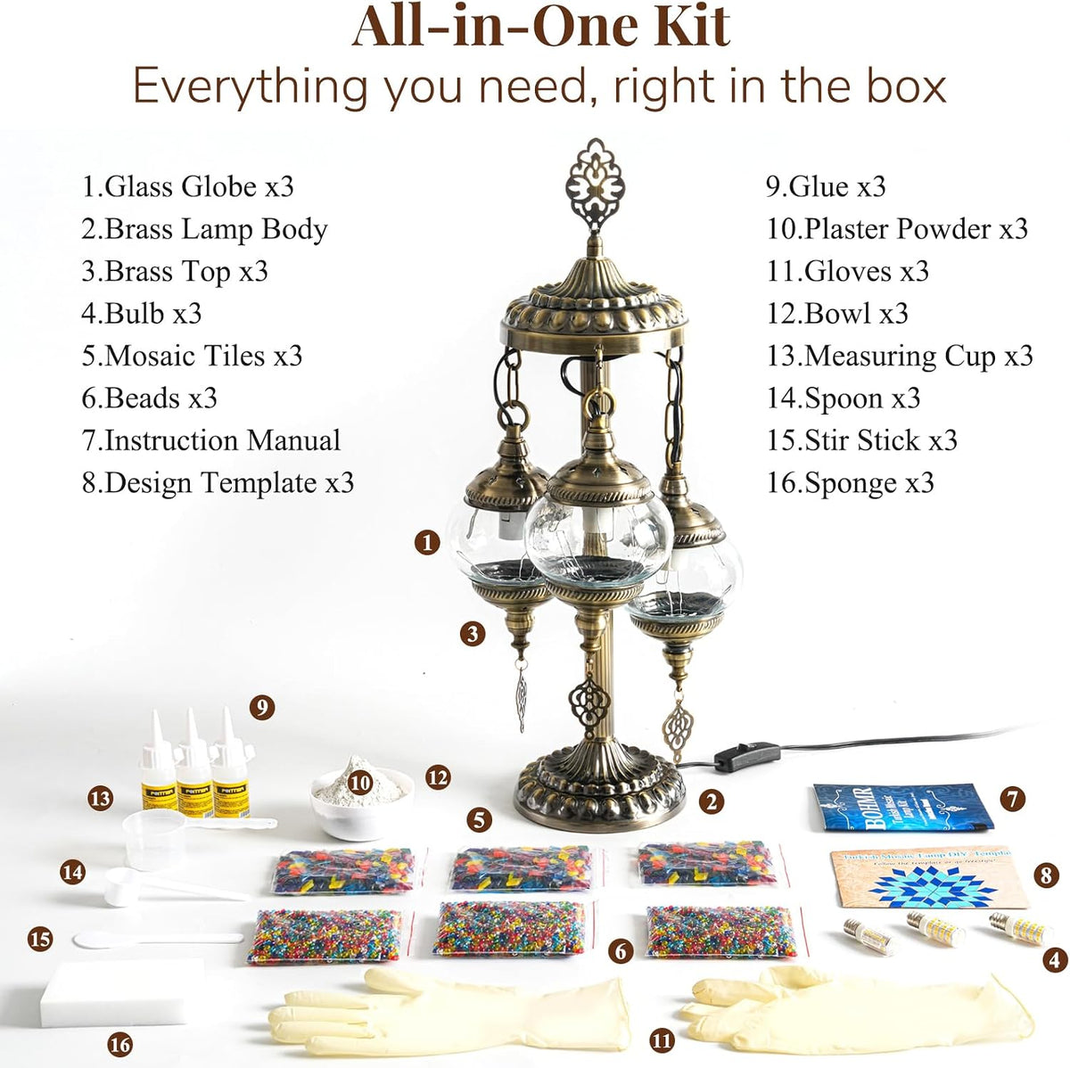 DIY Turkish Mosaic Lamp Kit, 3 Globe Table Lamp Making Kit,Multicolor