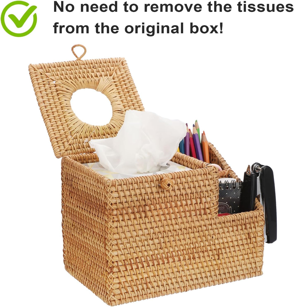 Sumnacon Tissue Box Square Tissue Box Cover with Storage Rattan Tissue Box Holder with 2 Side Organizer,Wicker Tissue Cover Cube Tissue Holder for Bathroom Living Room Table Desk Office