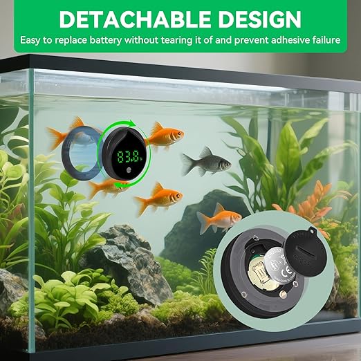 Removable Aquarium Water Thermometer Gauge with Touch Screen Digital Fish Tank Thermometer LED Display ±1℉/℃, Fish Tank Accessories for Betta, Axolotl, Shrimp, Turtle, Reptile and Aquatic (Black)