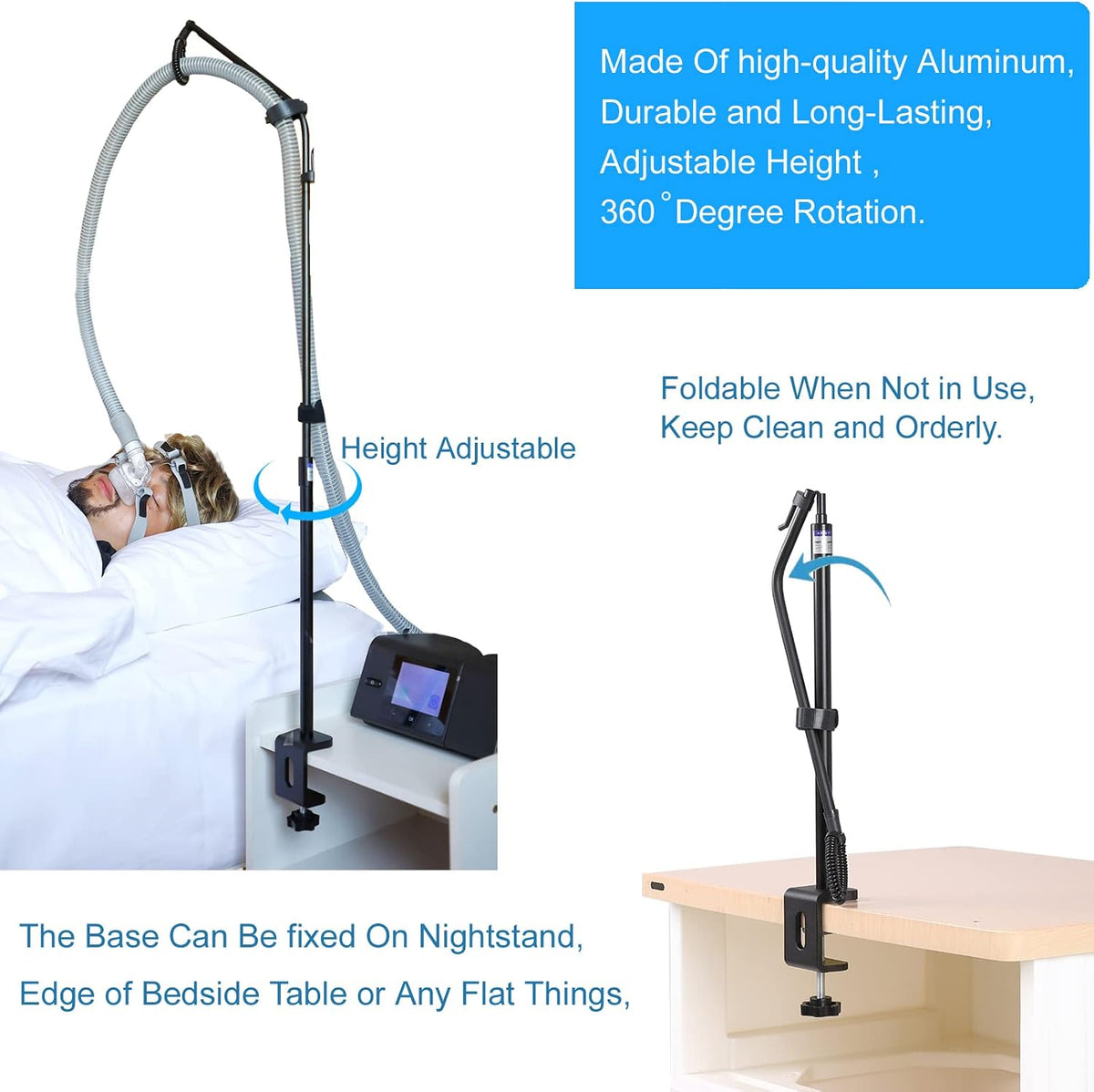 LONYEON CPAP Hose Holder, Height Adjustable Rotatable for Sleep, Black