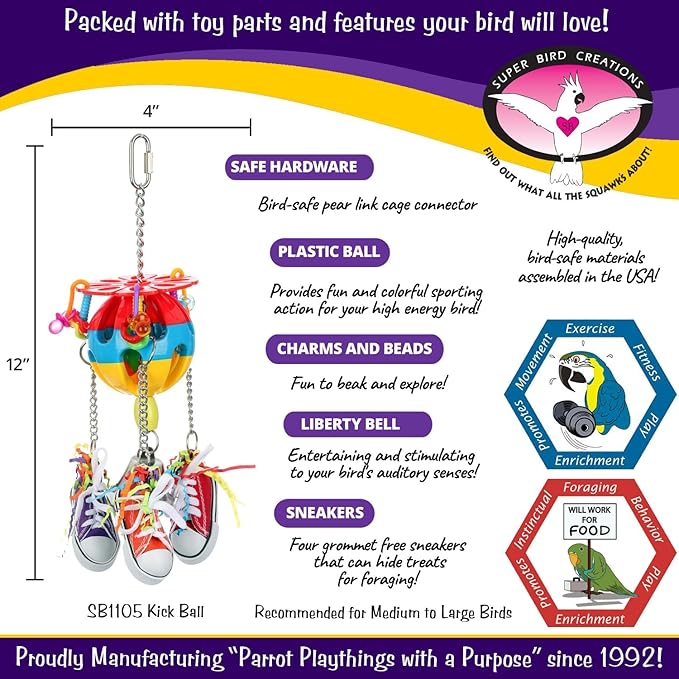 Super Bird Creations SB1105 Kick Ball Bird Toy - Ideal for Parrots, Ringnecks Conures Quakers - Perfect for Chewing, Foraging, and Boredom Relief - Enriching Kick Ball Toy for Medium Bird Size, 12"x4"