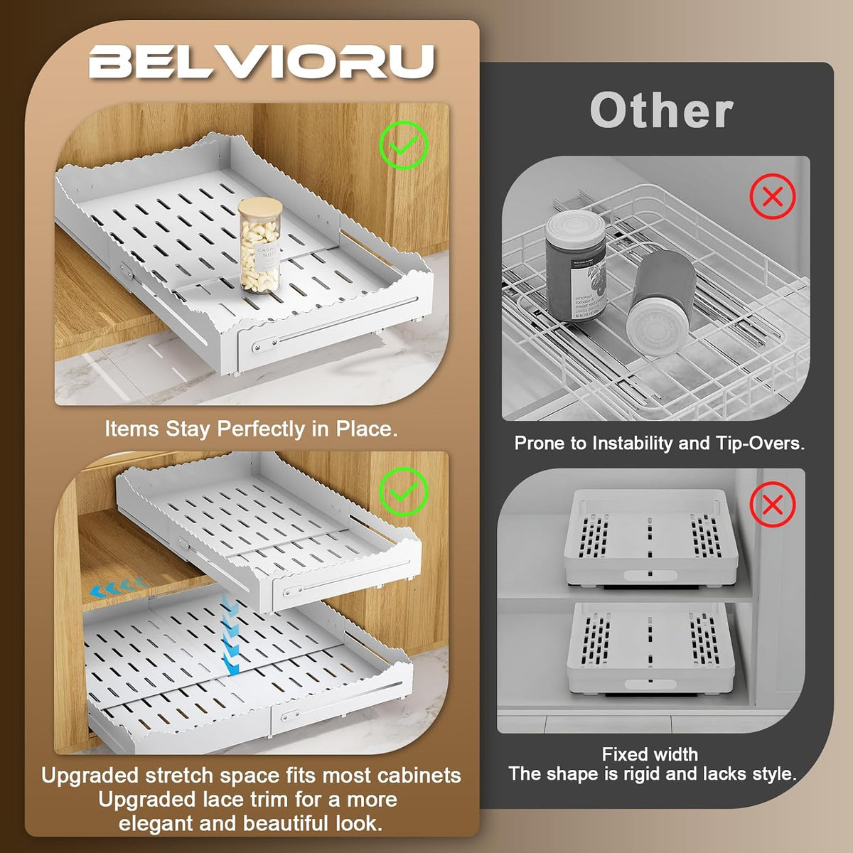 Pull Out Drawers for Cabinets, Expandable Pull Out Cabinet Organizer 11-18" Width,13-24" Depth, Roll out Shelves for Cabinets Without Lip, No Drill Adjustable Slide out Drawers for Kitchen & Pantry