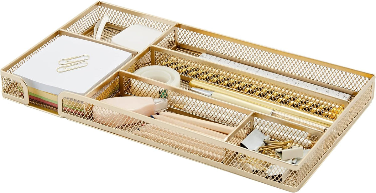 Annova Desk Drawer Organizer Tray for Office Organization - Metal Mesh - Storage Tray with Dividers for Pens, Desktop Accessories, Bathroom, Kitchen, Makeup and Office Supplies (Small, Gold)