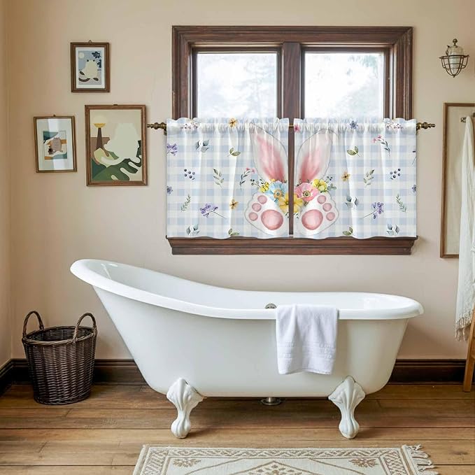 Easter Kitchen Tier Curtains 24 Inch Long 2 Panel Set, Rod Pocket Cafe Small