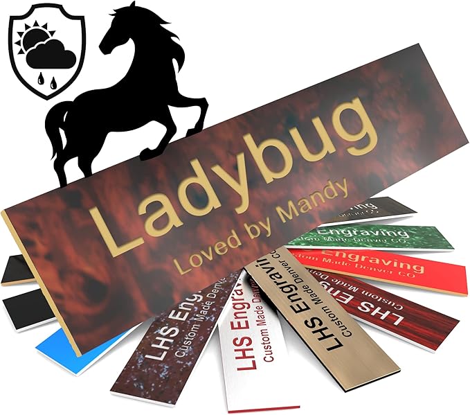 Horse Stall Name Plate, 2x6 Personalized Stall Signs, UV Protected, All Weather Adhesive, Hanging, Mounting or Other, Burlwood Plastic Gold Letters - Made in USA - N2