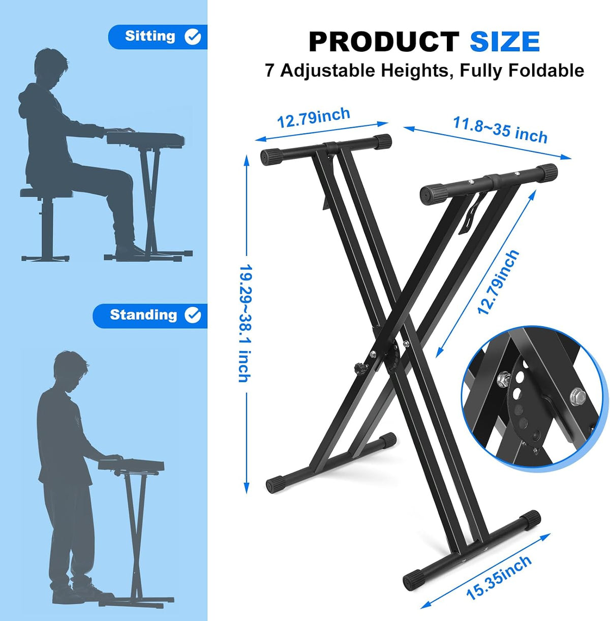 Height Adjustable Keyboard Stand With Quick Release Mechanism - Double X Foldable Heavy Duty Instrument Stand With Locking Straps for 54-61-88 Key Electronic Pianos