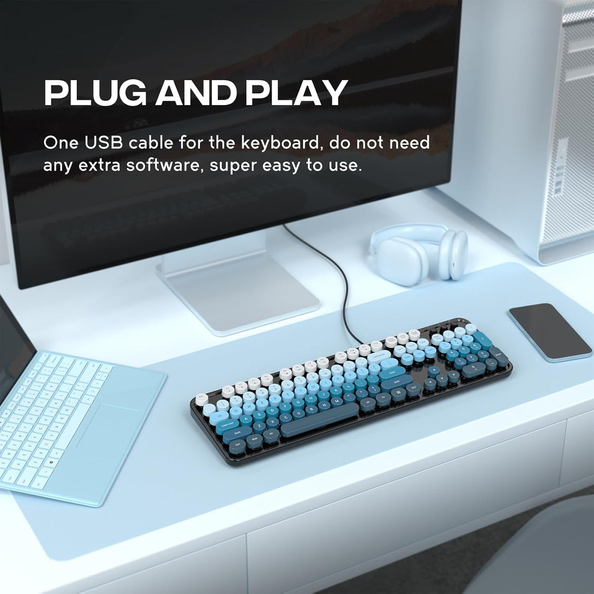 MOFII Computer Keyboards Wired, Plug Play USB Full Size Typewriter Keyboard, Cute Colorful Aesthetic Keyboard with Foldable Stands for Windows PC Laptop (Black Blue)