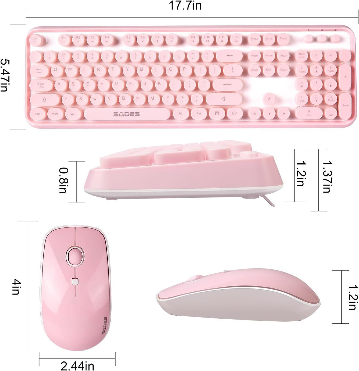 Pink Wireless Keyboard and Mouse Combo,Cute Typewriter Style,for Long Nails