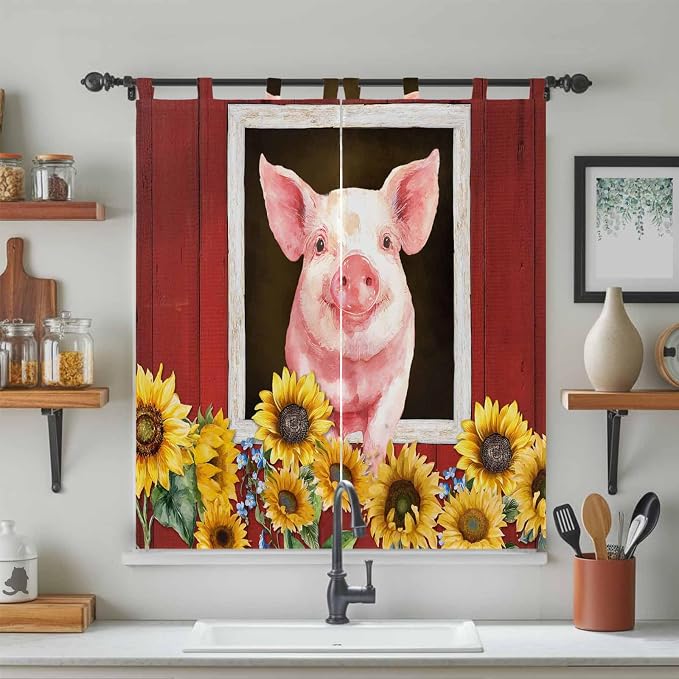 Pigs Sunflowers Living Room Curtains 84 Inch Length, Window Curtains Tab Top