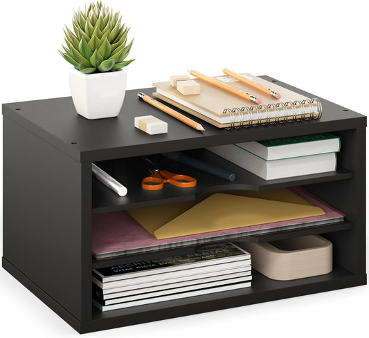 Ballucci File Organizer, 3-Tier Document Paper Sorter, Stackable Wood Desk Organizer, Mail Sorter and Monitor Stand with Storage Shelves, Black