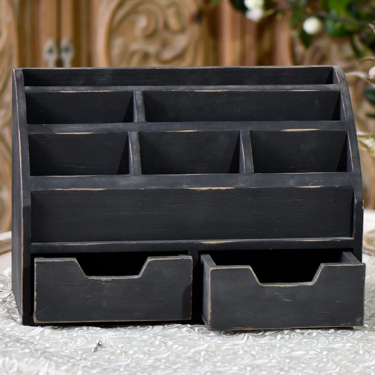 Farmhouse Gray Black Mail Organizer Countertop with Drawers
