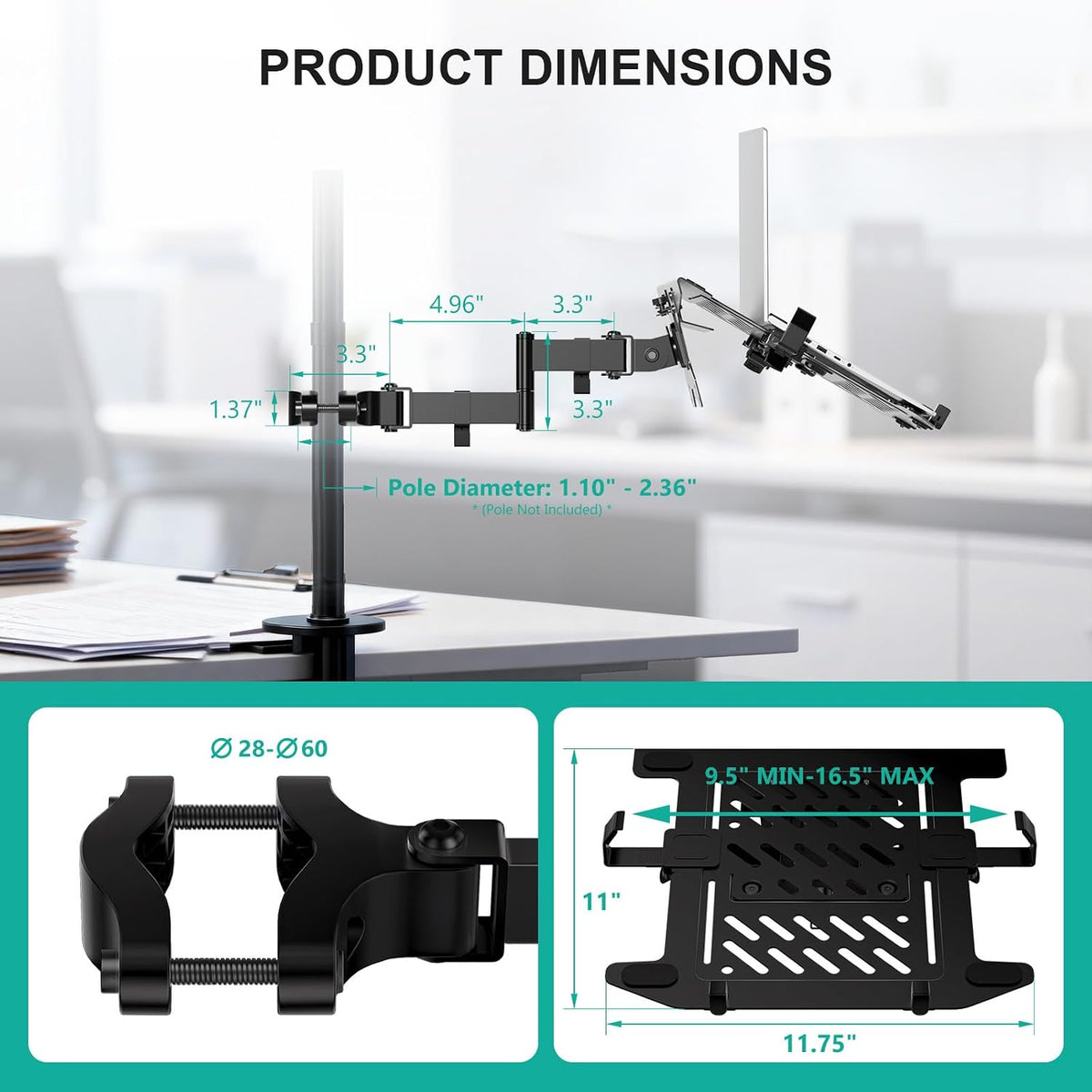 WALI Laptop Pole Mount, Adjustable Laptop Arm Holder Fits 10"-15.6" Laptops, 2-in-1 Full Motion Monitor Mount with Removable Tray, VESA 75x75 or 100x100 mm, Holds up to 15.4lbs(011ARMLPN), Black