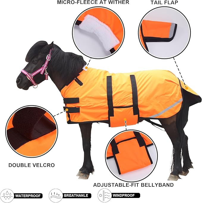 Foal/Mini Horse Size 30"-48" Waterproof & Breathable 300 Denier Winter Turnout Blanket with 150g Polyfill Orange Medium