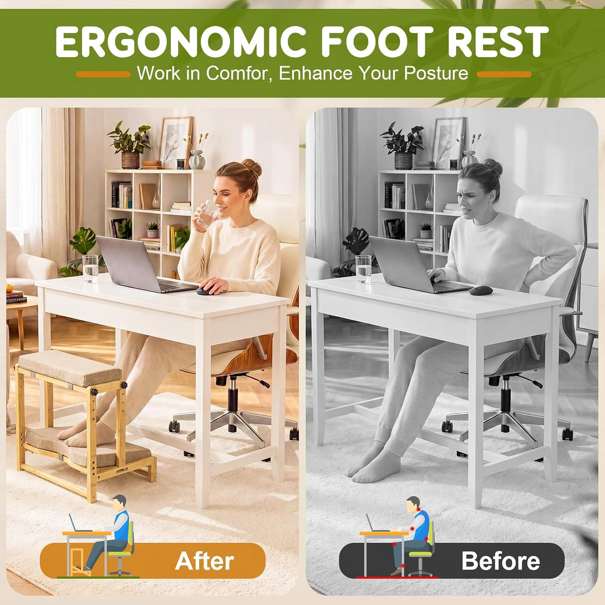 Adjustable Wooden Under Desk Footrest, Ergonomic Double Step Desk Foot Stool with Removable Cushion,Adjustable 4 Heights Leg Rest, Wide Foot Rest Under Desk Ideal for Office, Gaming, and Study