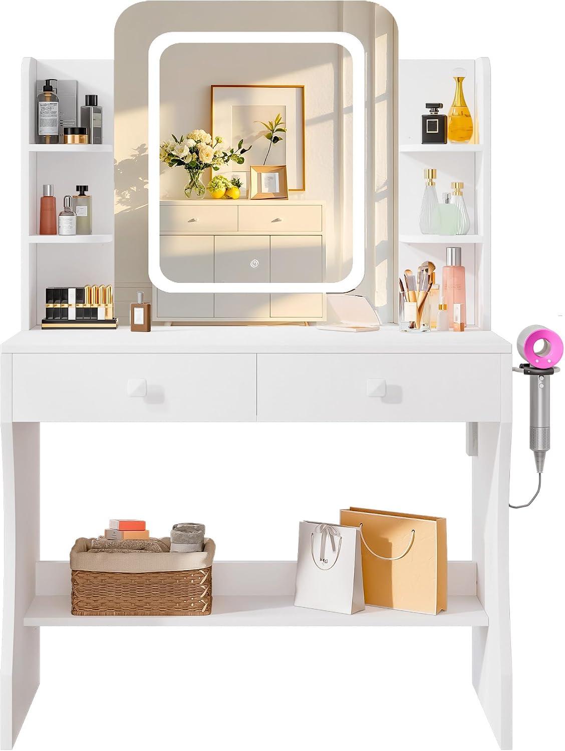 LIVELYGLOW 29.5" White Small Makeup Vanity Desk with Power Outlet & Mirror