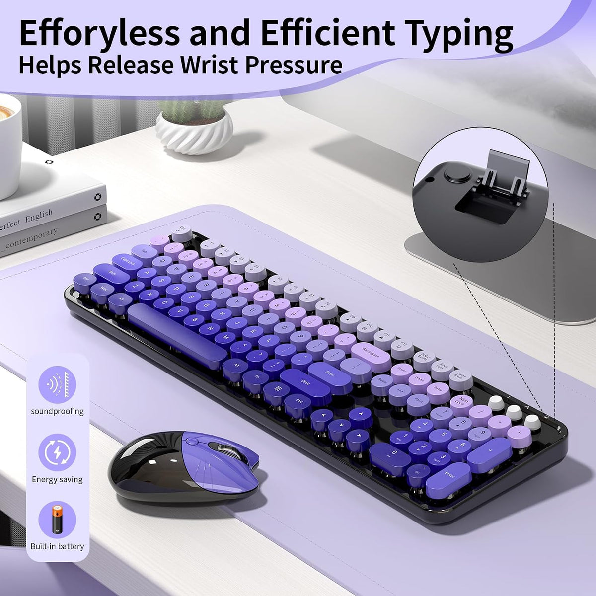 Wireless Keyboard and Mouse, 104 Round Keycaps Retro Typewriter Purple