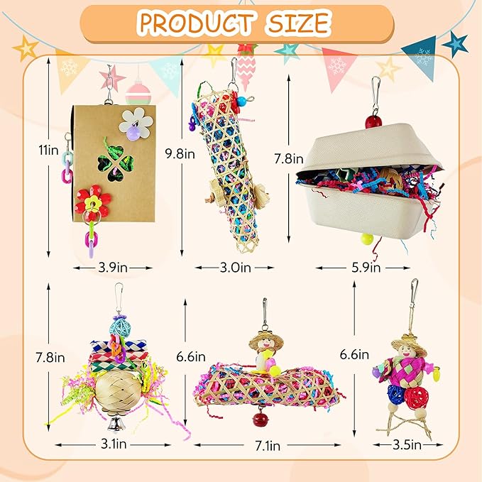6PCS Bird Parakeet Cockatiel Toys - Foraging Shredder Box, Hanging Toys, Love Bird, Parrot, Tiger Skin Parrot Accessories