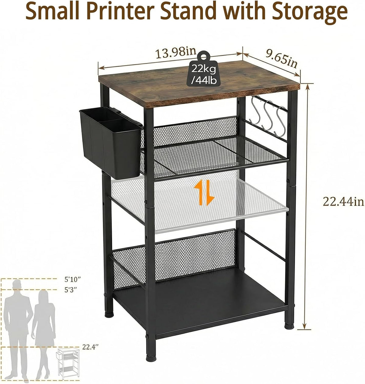 ECOLOVI Small 3 Tier Printer Stand for Under Desk, Height Adjustable Shelf Printer Table with 3 S-Hooks & Basket, Heavy Duty Industrial Storage Shelf for Home Office (Rustic Brown)