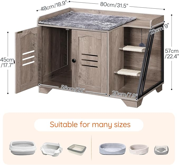 HOOBRO Cat Litter Box Enclosure with Ladder, Hidden Litter Box Furniture with Rechargeable 3-Color LED, Plush, Teaser Balls, 31.5" L x 18.9" W x 22.4" H, All-in-One, Black and Greige BG48MW01G1