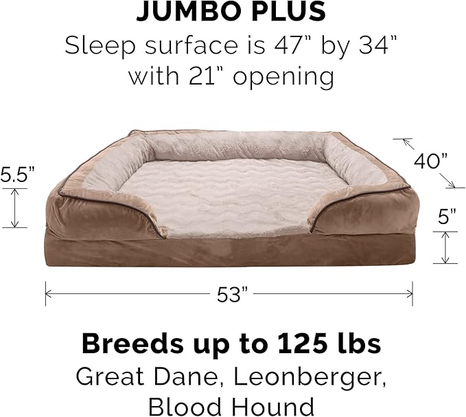 Furhaven Orthopedic Dog Bed for Large Dogs w/ Removable Bolsters & Washable Cover, For Dogs Up to 125 lbs - Plush & Velvet Waves Perfect Comfort Sofa - Brownstone, Jumbo Plus/XXL