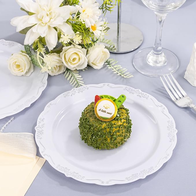 DaYammi 60PCS White and Silver Plastic Plates, Heavy Duty White and Silver