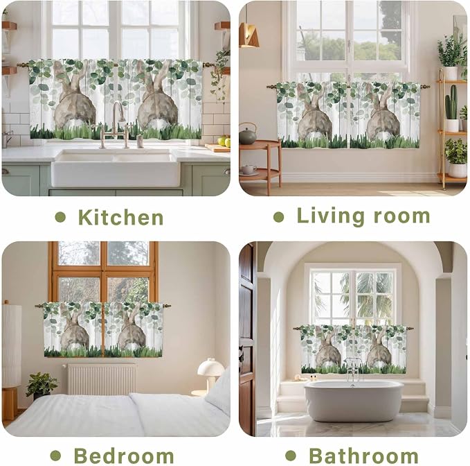 Easter Tier Curtains, Country Rabbit Botanical Leaves Wooden Grain Light