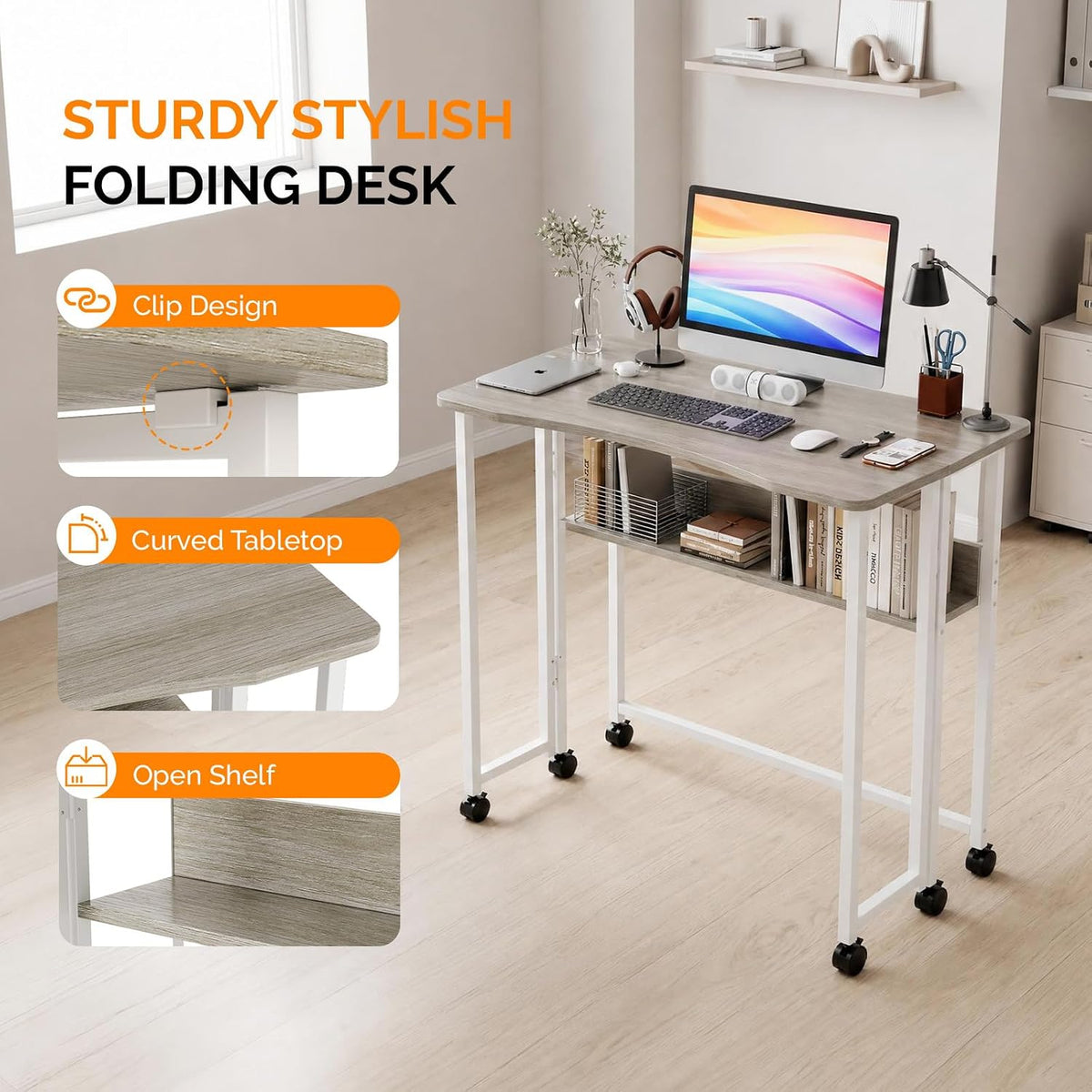 VINGLI 31.5 Inch Folding Computer Table, Small Rolling Desk with Storage Shelf, Space-Saving Sofa Table for Couch, Portable Writing Workstation Office Computer Desk, Grey