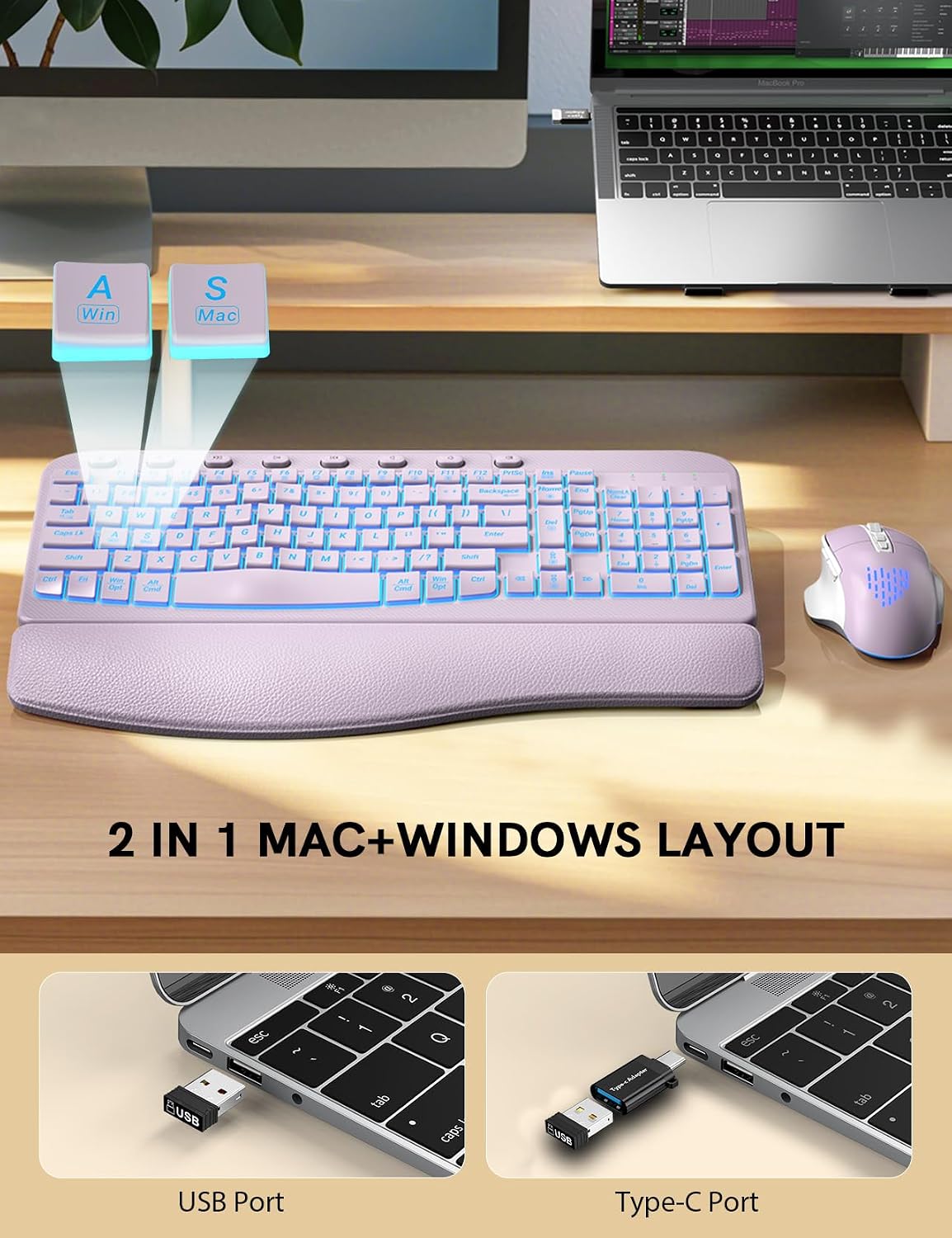 SABLUTE Wireless Keyboard and Mouse Combo, Ergonomic Wave with Wrist Rest